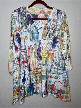 Colorful Sketch-Print V-Neck Tunic - White Multi